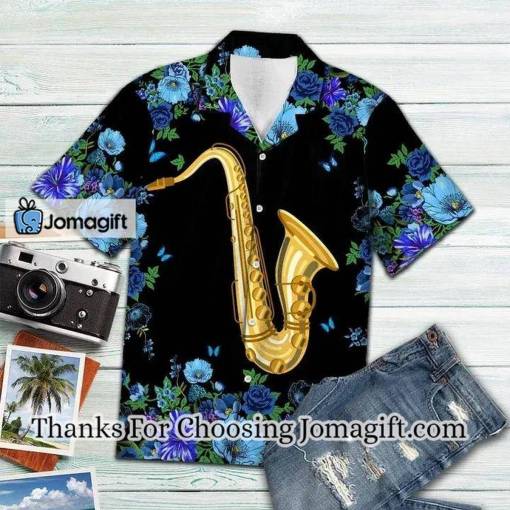 [Fashionable] Blue Flower Frame Cover Saxophone On Black Pattern Hawaiian Shirt Gift