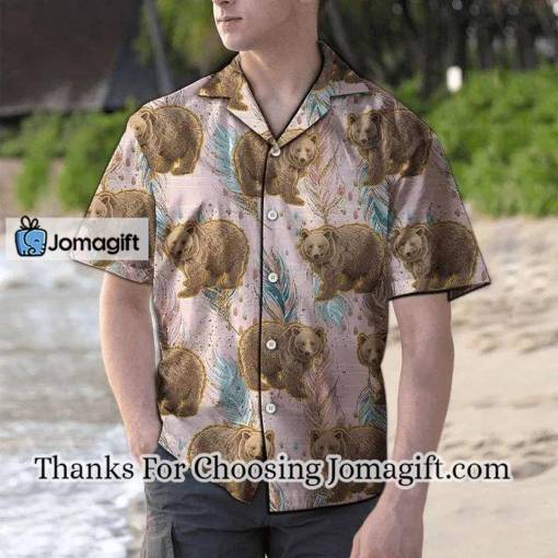[Fashionable] Cartoon Brown Bear Boho Feather On Pink Pattern Hawaiian Shirt Gift