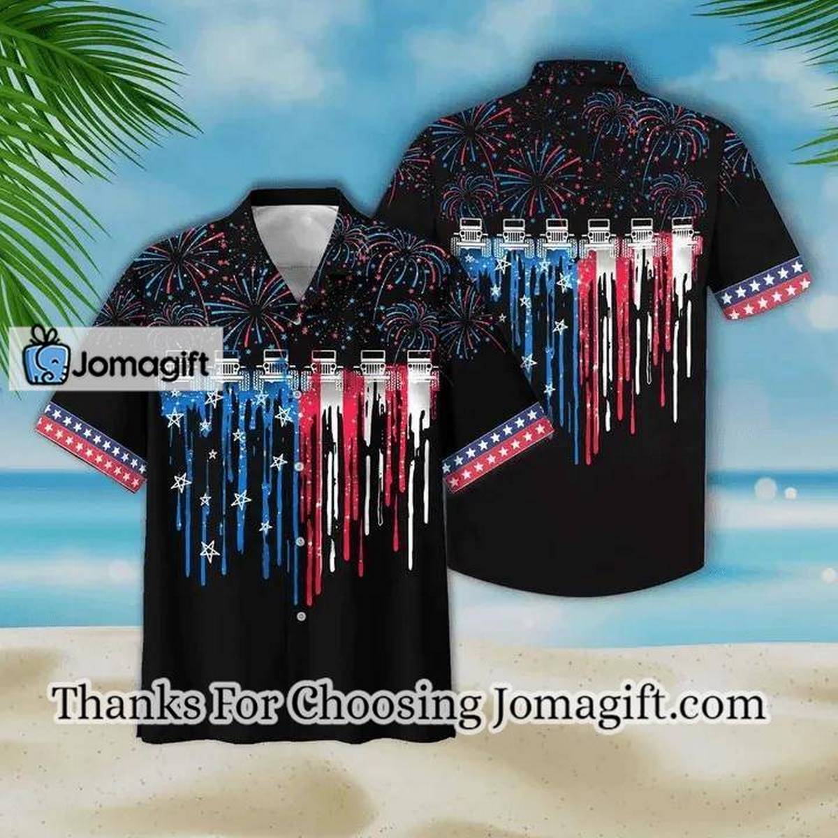 Colorful Firework Black Theme Jeep And Flag Hawaiian Shirt 1 2