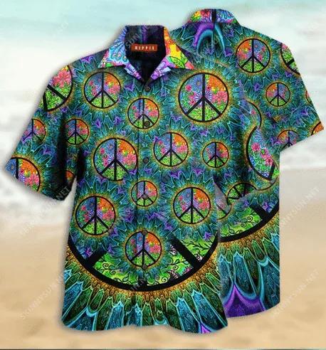 [Comfortable] Hippie Hawaiian Shirt Peace Symbols Pattern Flower Green