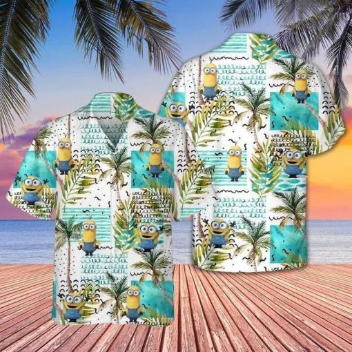 [Comfortable] Minions Hawaiian Shirt Minions Despicable Me Waves Palm Tree