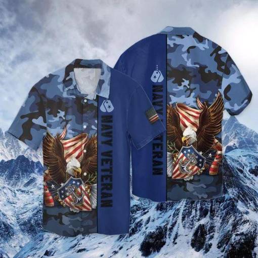 [Comfortable] Navy Veteran Hawaii Shirt Blue Eagle Patriot Camo Hawaiians