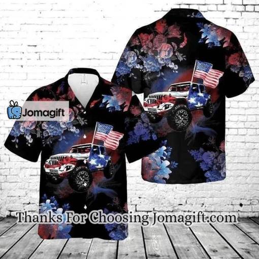 [High-Quality] Dark Theme Magical Floral Pattern Jeeps And Flag Hawaiian Shirt Gift