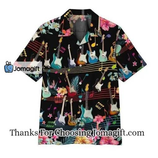 [High-Quality] Electric Guitar On Music Stave And Notes Black Hawaiian Shirt Gift