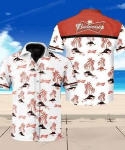 [Fashionable] Beer Hawaiian Shirt Budweiser Logo Tropical Palm Trees Pattern Red White