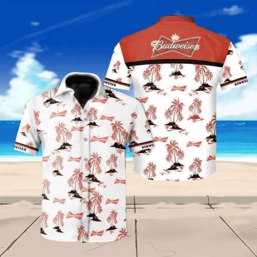 [Fashionable] Beer Hawaiian Shirt Budweiser Logo Tropical Palm Trees Pattern Red White