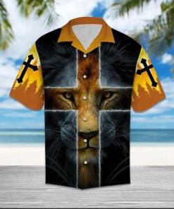 [Fashionable] Jesus Hawaiian Shirt Lion Jesus Cross D Yellow Hawaii Christian Apparel