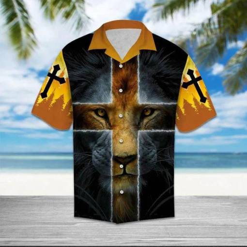 [Fashionable] Jesus Hawaiian Shirt Lion Jesus Cross D Yellow Hawaii Christian Apparel