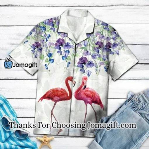 [Comfortable] Flamingo Couple Love Flower Garden Pattern Hawaiian Shirt Gift