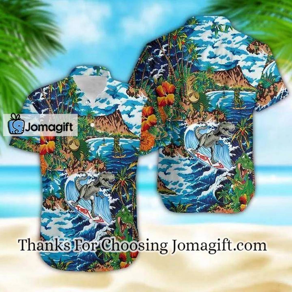 Funny Dinosaur Surfing On Tropical Island Hawaiian Shirt HW4133