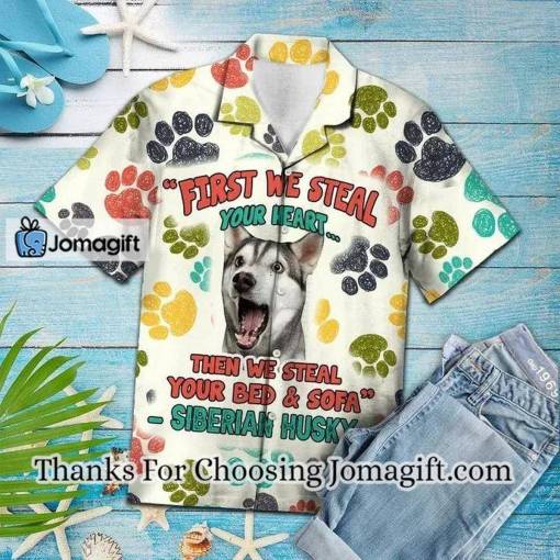 [Comfortable] Funny Siberian Husky Steal Your Heart And Steal Your Bed Pattern Hawaiian Shirt Gift