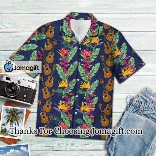 [Best-Selling] Golden Ukulele With Paradise Flowers And Leaves Hawaiian Shirt Gift