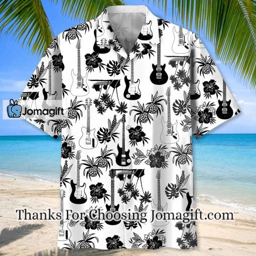 [Best-Selling] Guitar Hawaiian shirt black and white pineapples hibiscus Gift