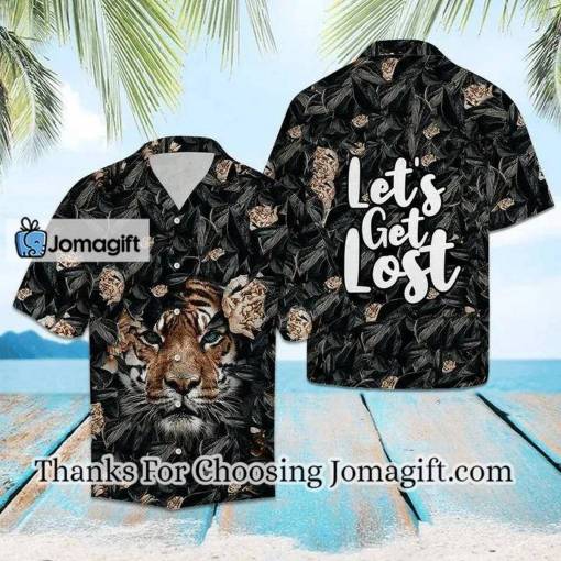 [Best-Selling] Hiding Tiger Lets Get Lost Tropical Hibiscus On Black Pattern Hawaiian Shirt Gift