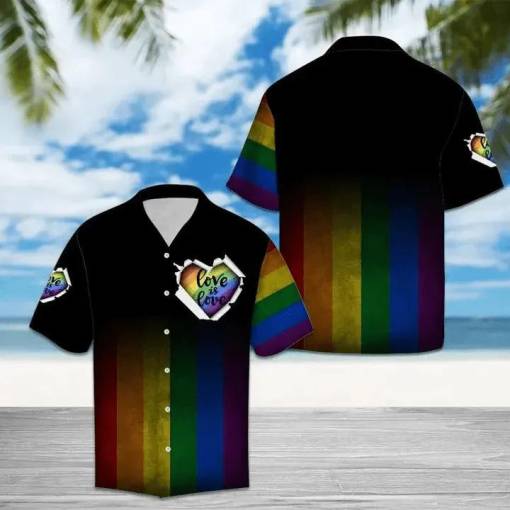 [High-quality] Lgbt Hawaiian Shirt Love Is Love Rainbow Striped Multicolor Black