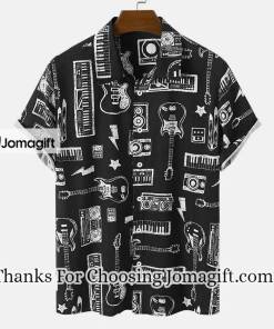 [Special Edition] Mens Musical hawaiian shirt, Instrument Print Button Front Short Sleeve Black Shirts Gift