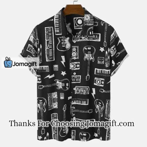 [Special Edition] Mens Musical hawaiian shirt, Instrument Print Button Front Short Sleeve Black Shirts Gift