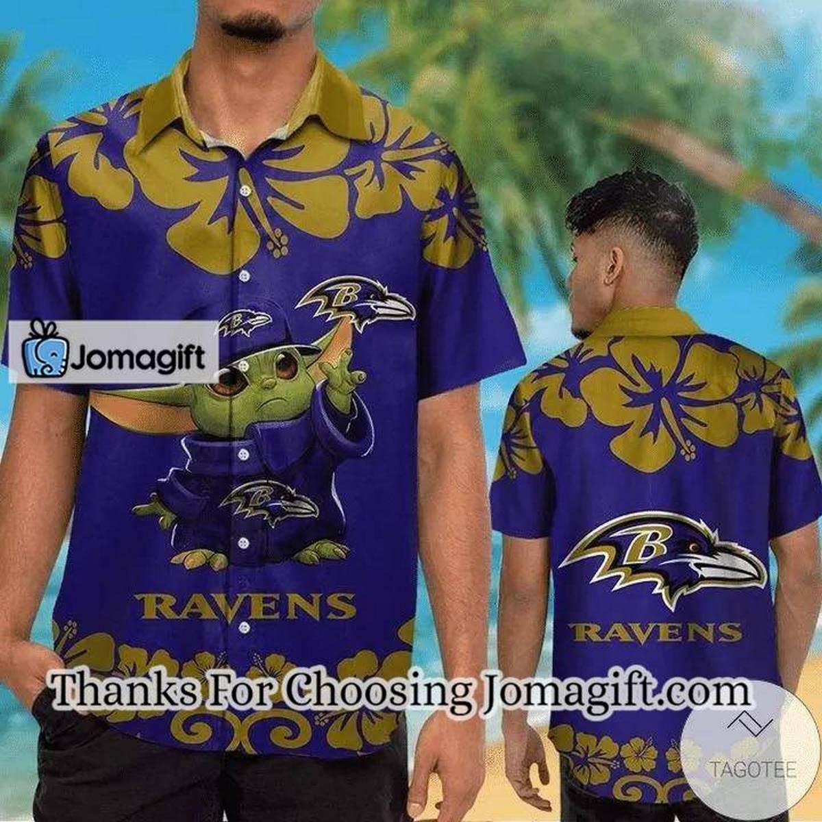 NFL Baltimore Ravens Baby Yoda Purple Hawaiian Shirt Aloha Shirt