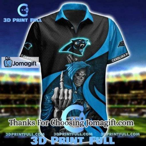 [Personalized] NFL Carolina Panthers Black Blue Skull Hawaiian Shirt Gift