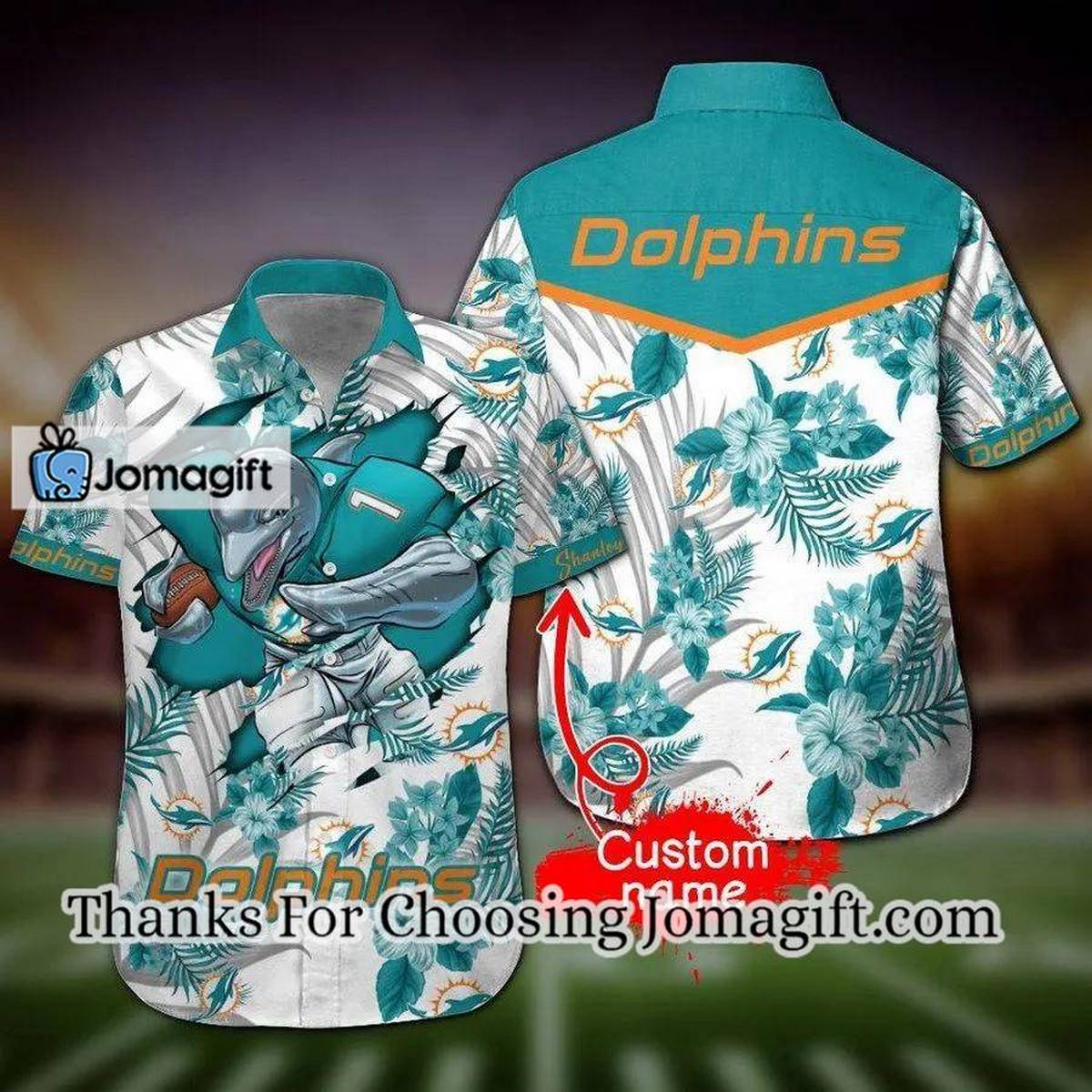 NFL Miami Dolphins Custom Name Mascot White Hawaiian Shirt Aloha Shirt
