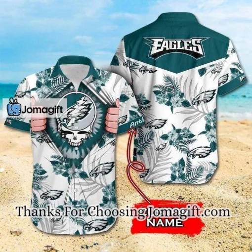 [Personalized] NFL Philadelphia Eagles Custom Name Flower Skull Hawaiian Shirt Gift