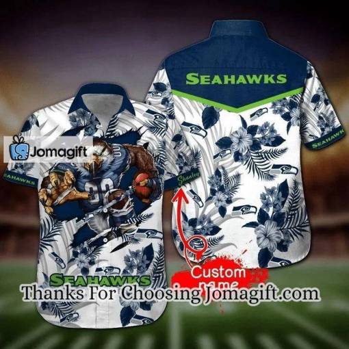 [Personalized] NFL Seattle Seahawks Custom Name Mascot White Hawaiian Shirt Gift