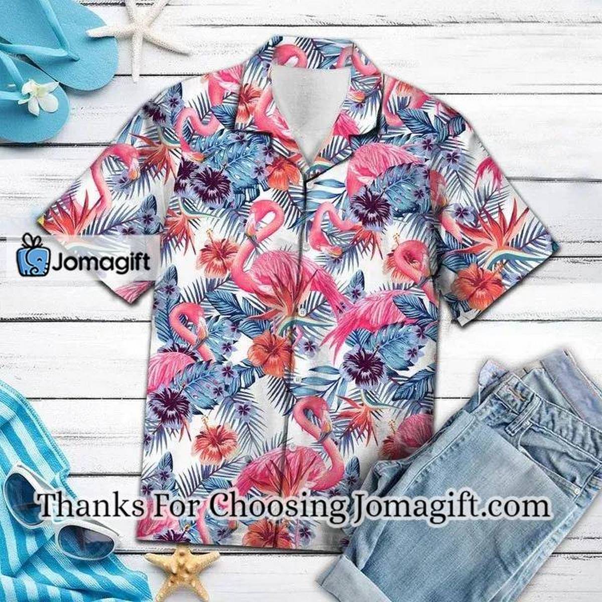 Pink Flamingo With Red Hibiscus In White Hawaiian Shirt 1