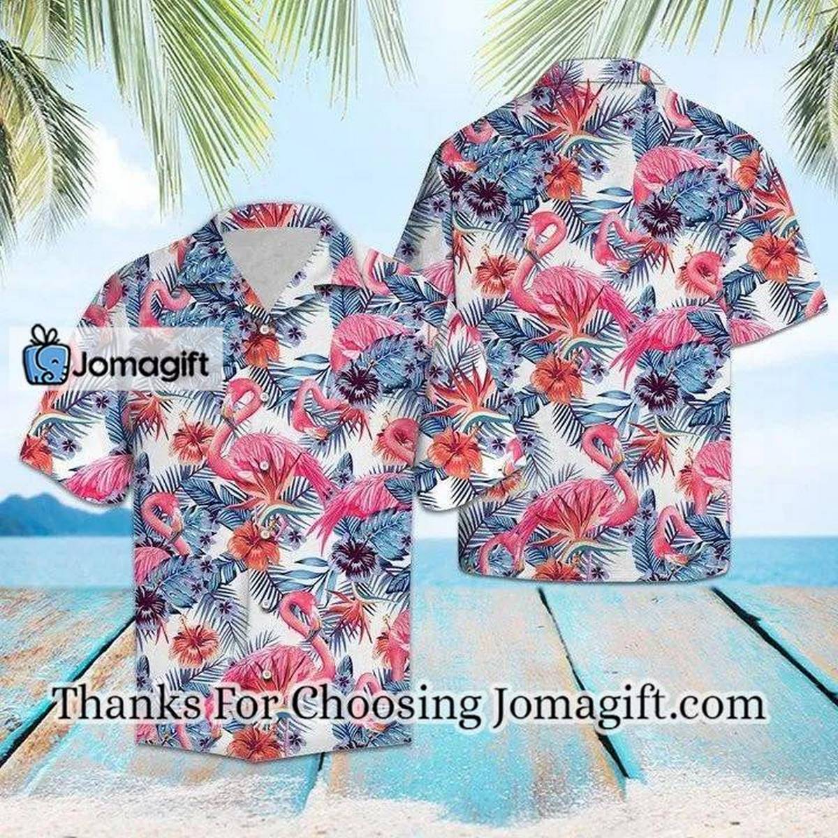 Pink Flamingo With Red Hibiscus In White Hawaiian Shirt 2