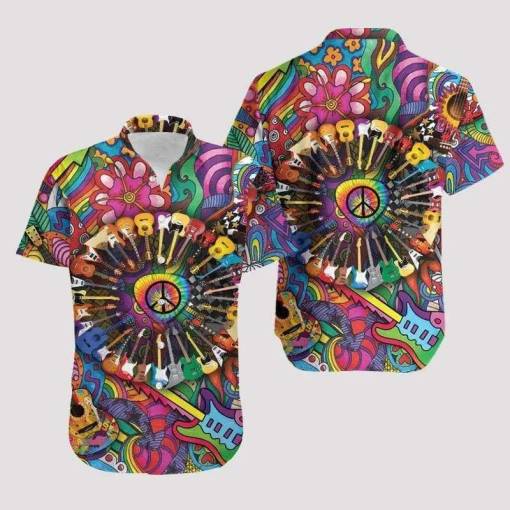 [Popular] Hippie Hawaiian Shirt Guitars Circle Flowers Pattern Colorful