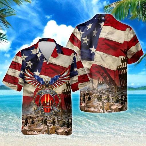 [Popular] Patriot Day Hawaiian Shirt American Flag Eagle Neverget Firefighter