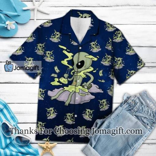[Stylish] Alien Hawaiian Shirt Alien Money Pattern Navy Blue