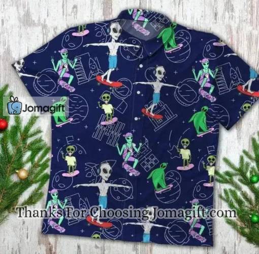 [Trendy] Alien Hawaiian Shirt Alien Playing Skateboard Pattern Blue