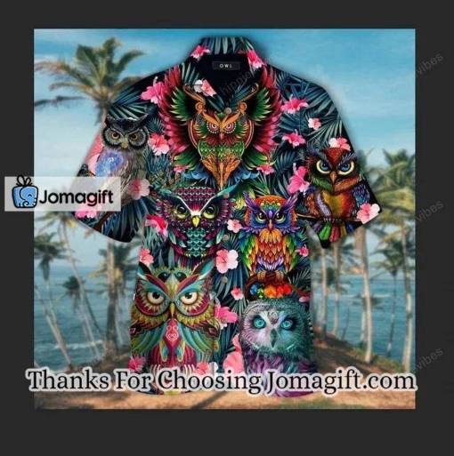 [Awesome] Tropical Pink Flower With Colorful Owl Design Hawaiian Shirt Gift