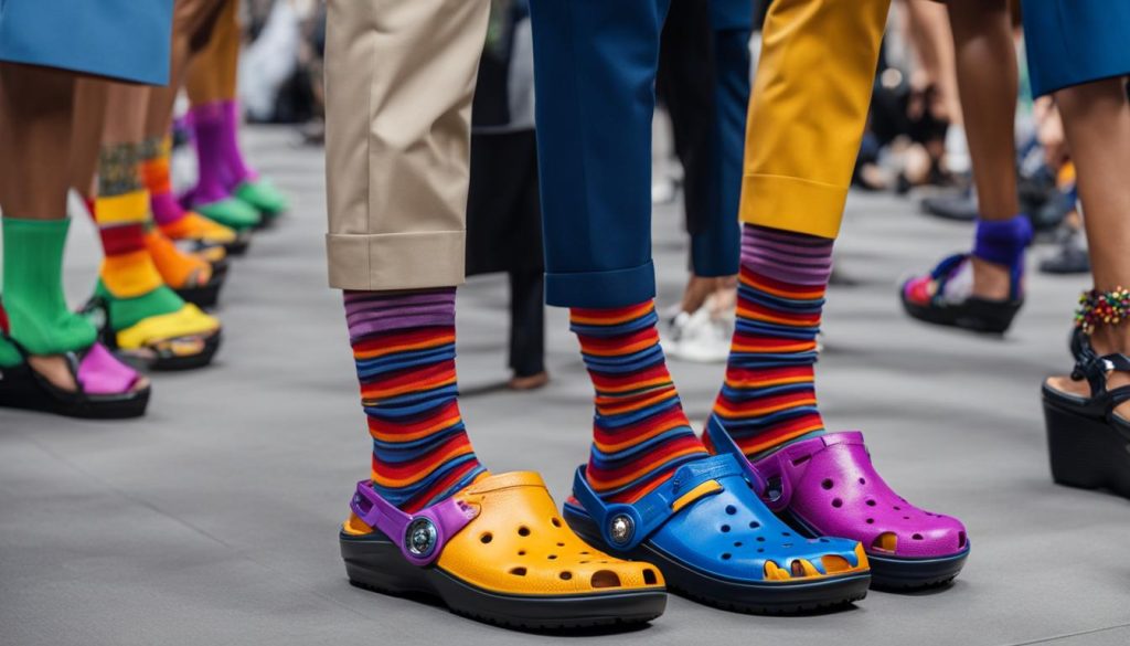 Fashionable Crocs and socks ensemble